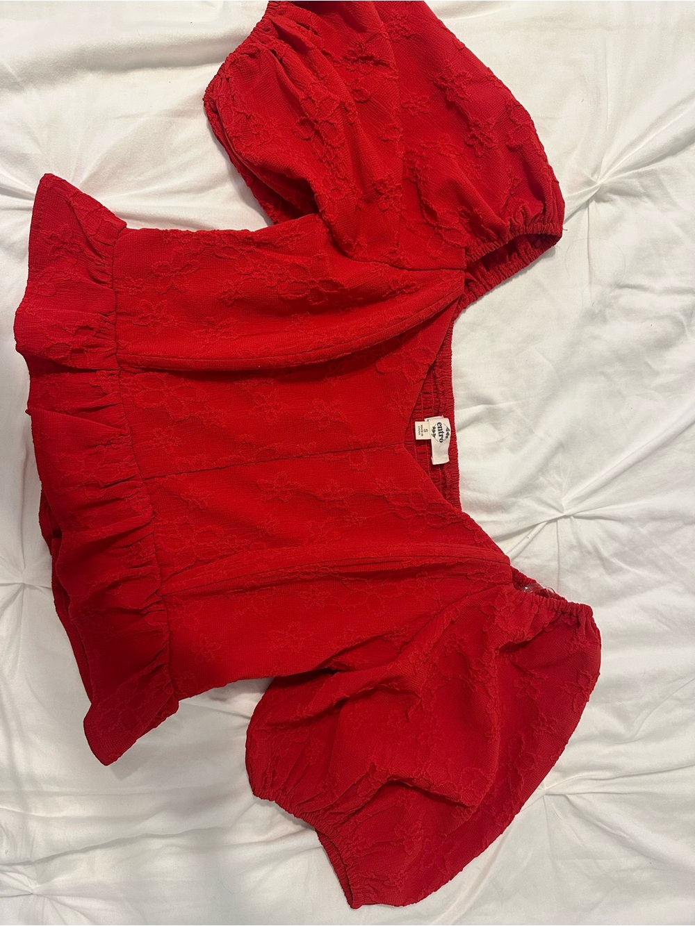 Women's Red Puff-Sleeve Floral Jacquard Top